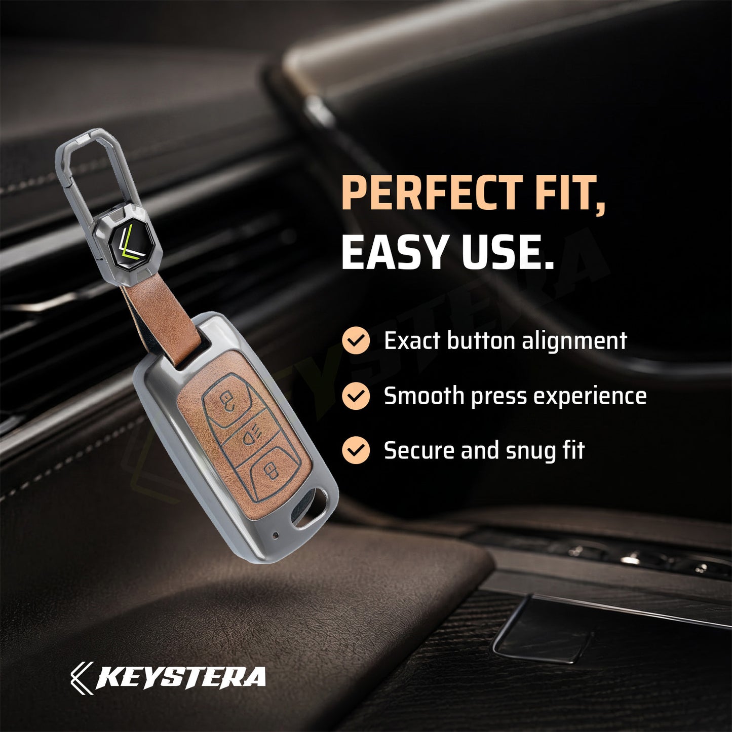 Metal Leather Brown car Key Cover Compatible For Tata: Nexon, Harrier, Safari, Altroz, Punch, Tiago, Tigor, Zest, Bolt, Hexa (3 button Flip Key)
