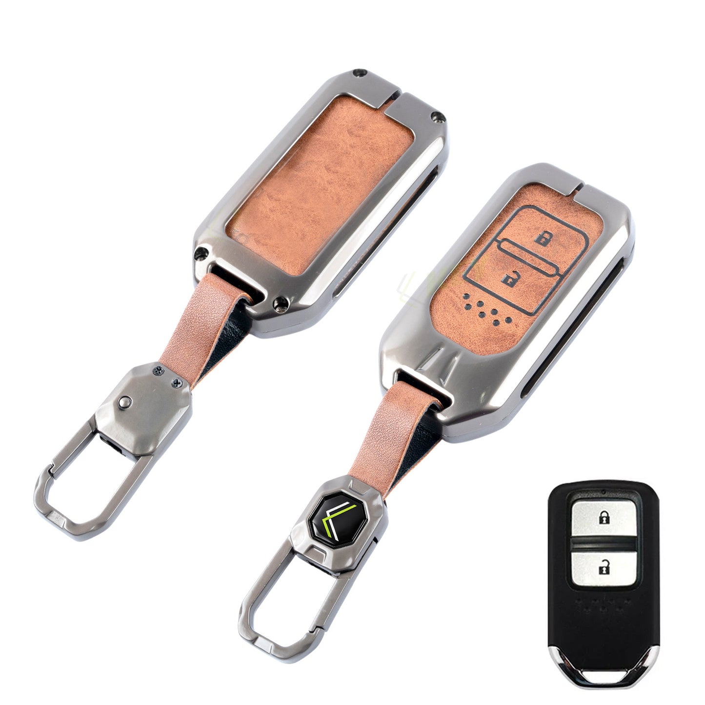 Metal Leather Brown Key Cover Compatible For Honda: Elevate, City, Jazz, Amaze, Accord, BR-V, CR-V, WR-V, Civic (2 button smart key)