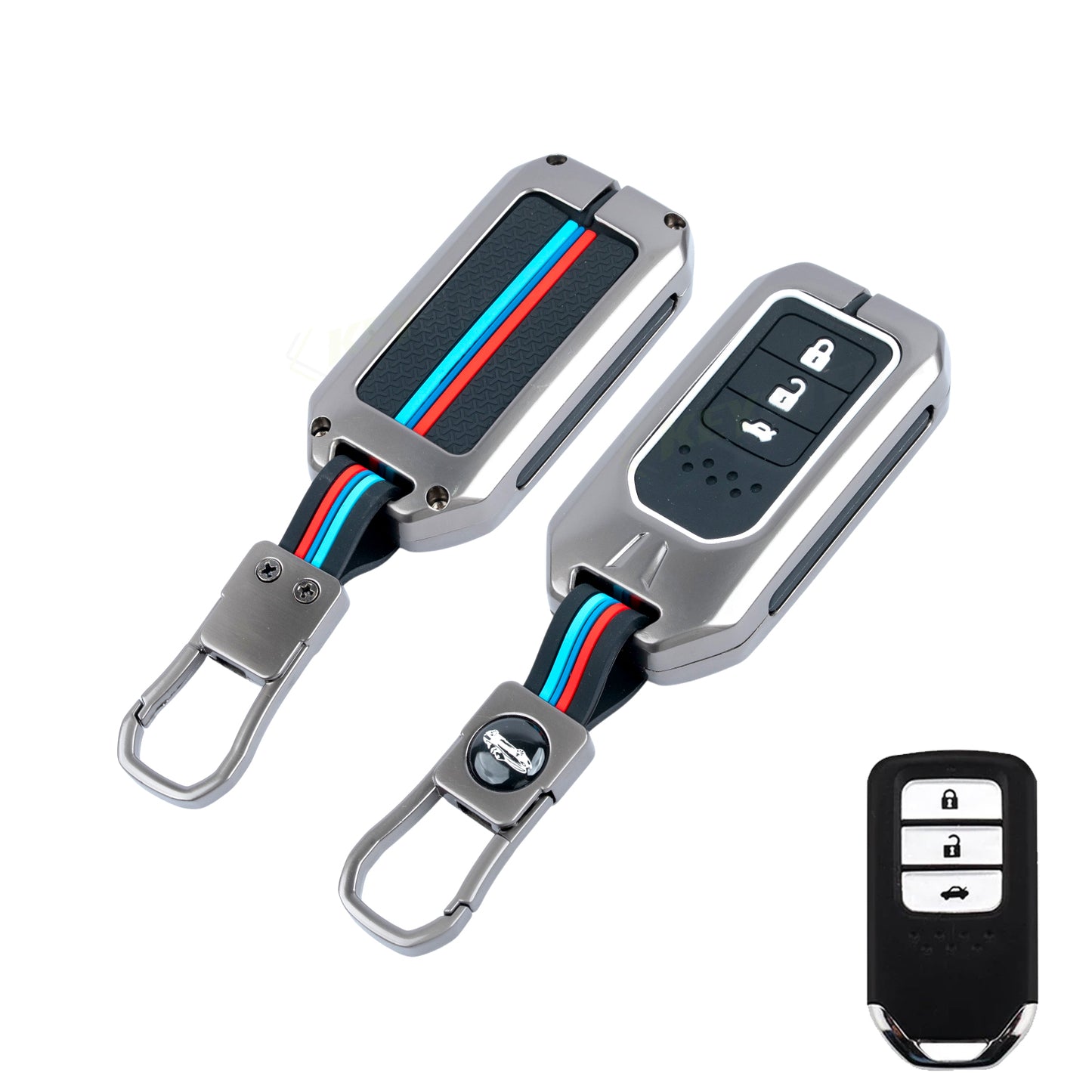Metal Silicone Key Cover Compatible For Honda: City, Civic, Jazz, Brio, Amaze, Cr-v, Wr-v, Br-v, Mobilio 3 Button Smart Key