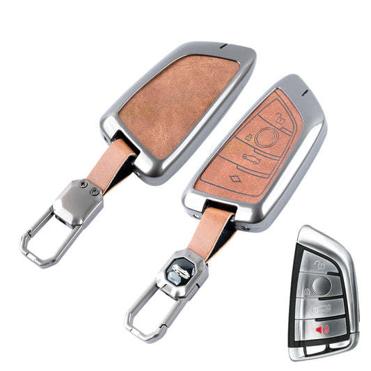 Metal Leather Brown Car Key Cover Compatible For BMW X1, X3, X6, X5, 5 Series, 6 Series, 7 Series