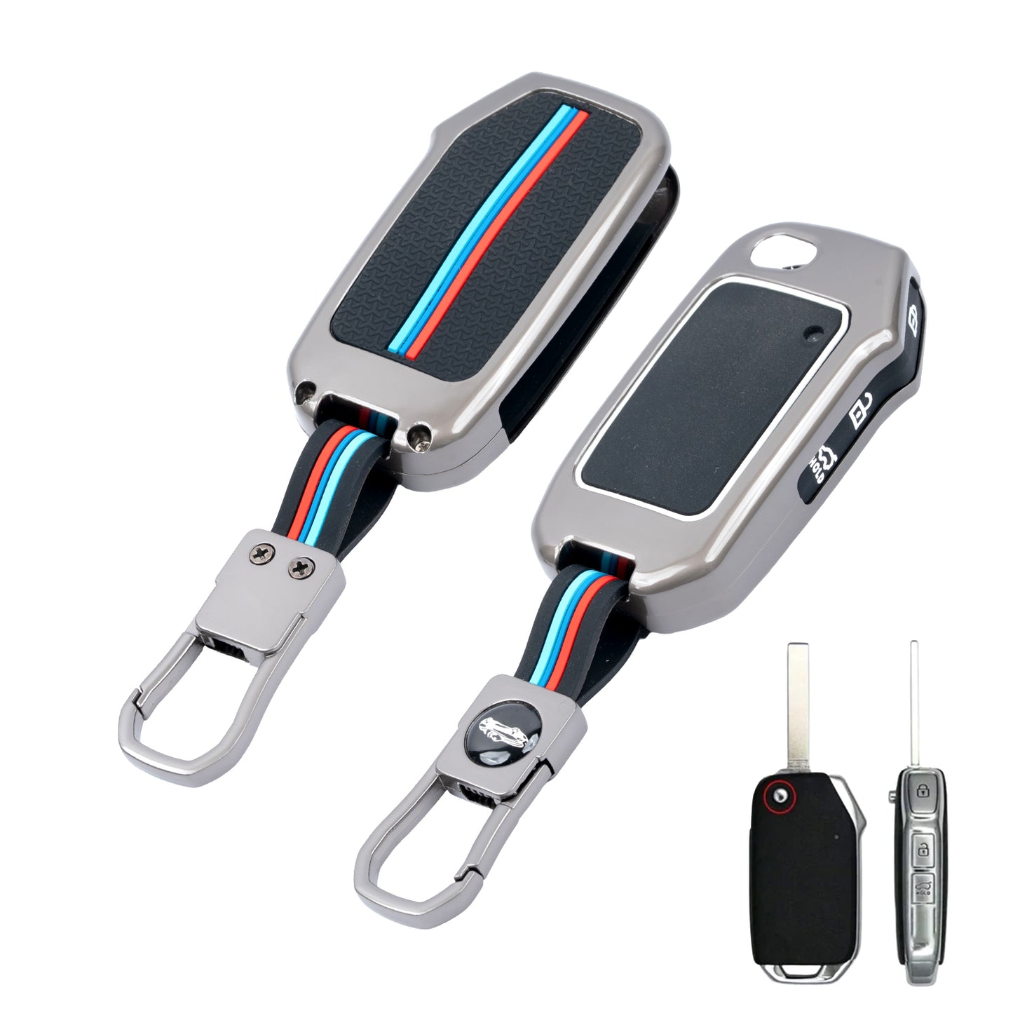 Metal Silicone Car Key Cover Compatible For kia : Seltos, Sonet, Carens, Carens Clavis (3 Button Flip Key)