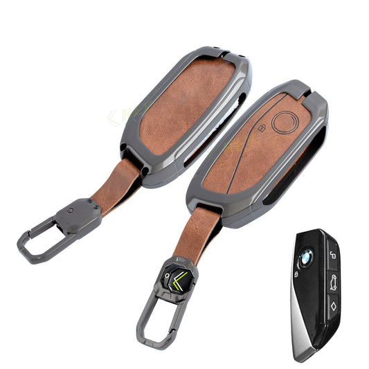 Keystera Metal Leather Brown Car Key Cover Compatible For BMW 7 Series 740i 760i X1 X7 XM IX I7 X3 IX1 X5 Smart Key 4 Button