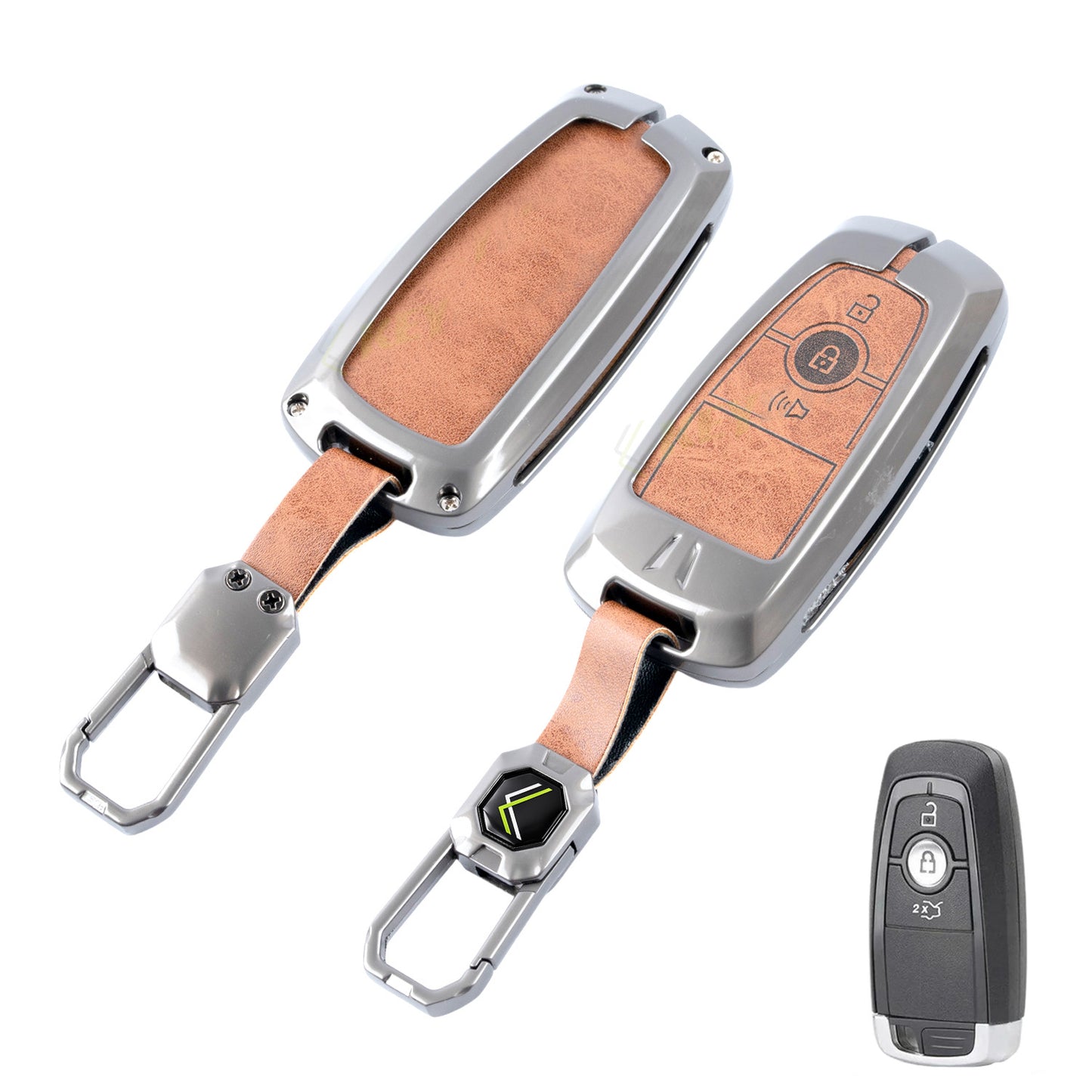 Metal Leather Car Key Cover Compatible For Ford : Figo, Aspire, Ecosport, Endeavour | 3 button Smart Key