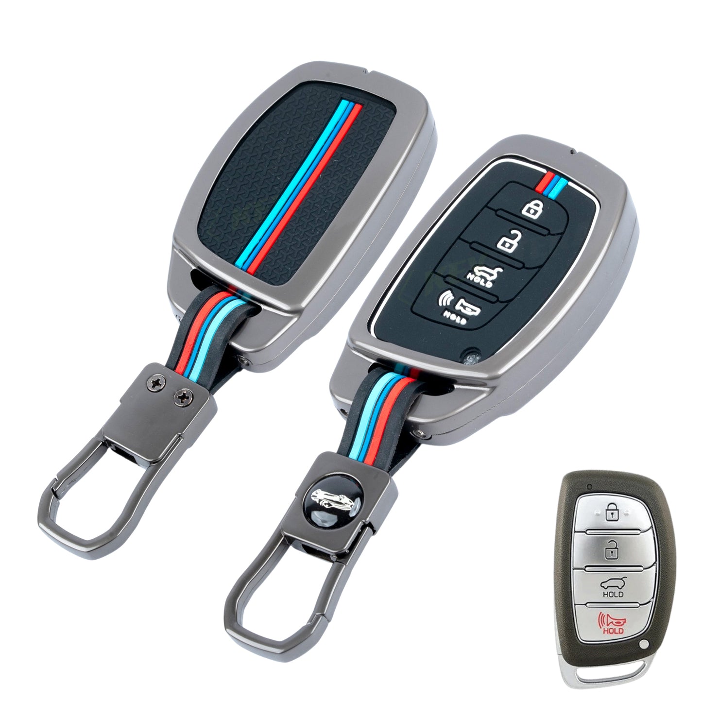Metal Silicone Key Cover Compatible for Hyundai: i20, Creta, Venue, Tucson, Alcazar, Grand i10, Verna, Xcent, Aura, Elantra (4 button Smart Key)