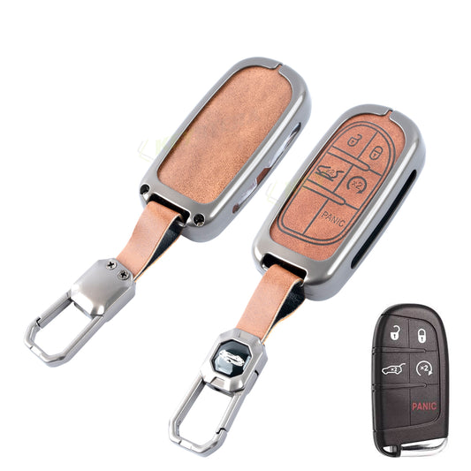 Metal Leather Brown Car Key Cover Compatible For Jeep Compass Smart Key