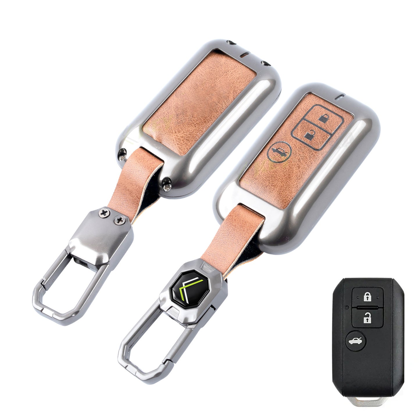 Metal Leather Brown Key Cover Compatible For Suzuki : Baleno, Swift, Ertiga, XL6, DZire, Fronx, Scross, Celerio, Ciaz, Brezza, Grand Vitara, Jimny, Ignis
