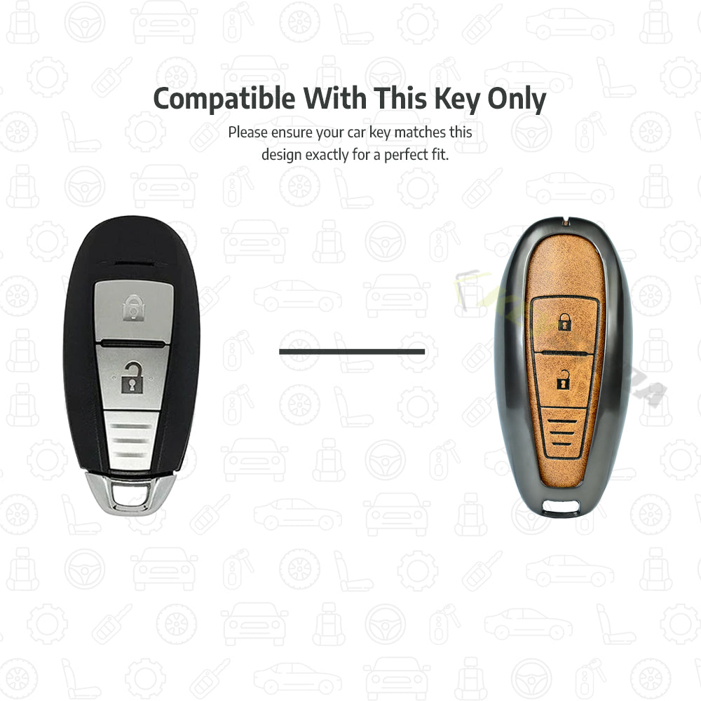 Metal Leather Brown Car Key Cover for Suzuki: Baleno, Ciaz, Ignis, S-Cross, Grand Vitara, Brezza (2 Button Smart Key)