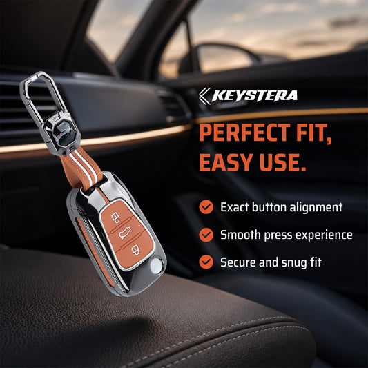 Metal Sapphire Key Cover With Key Chain Compatible For Hyundai Old Verna | Old Elentra | Old i20 | Old i10 (3 button Flip Key)
