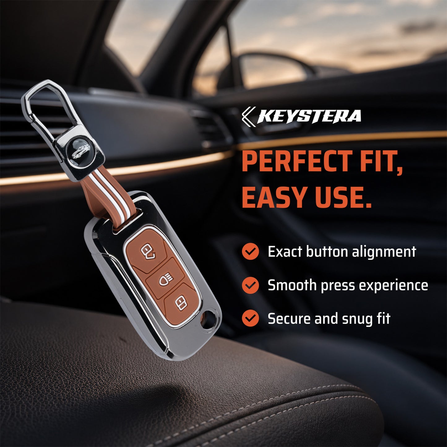 Metal Key Cover With Key Chain Compatible with Tata: Nexon, Harrier, Safari, Altroz, Punch, Tiago, Tigor, Zest, Bolt, Hexa (3 button Flip Key)