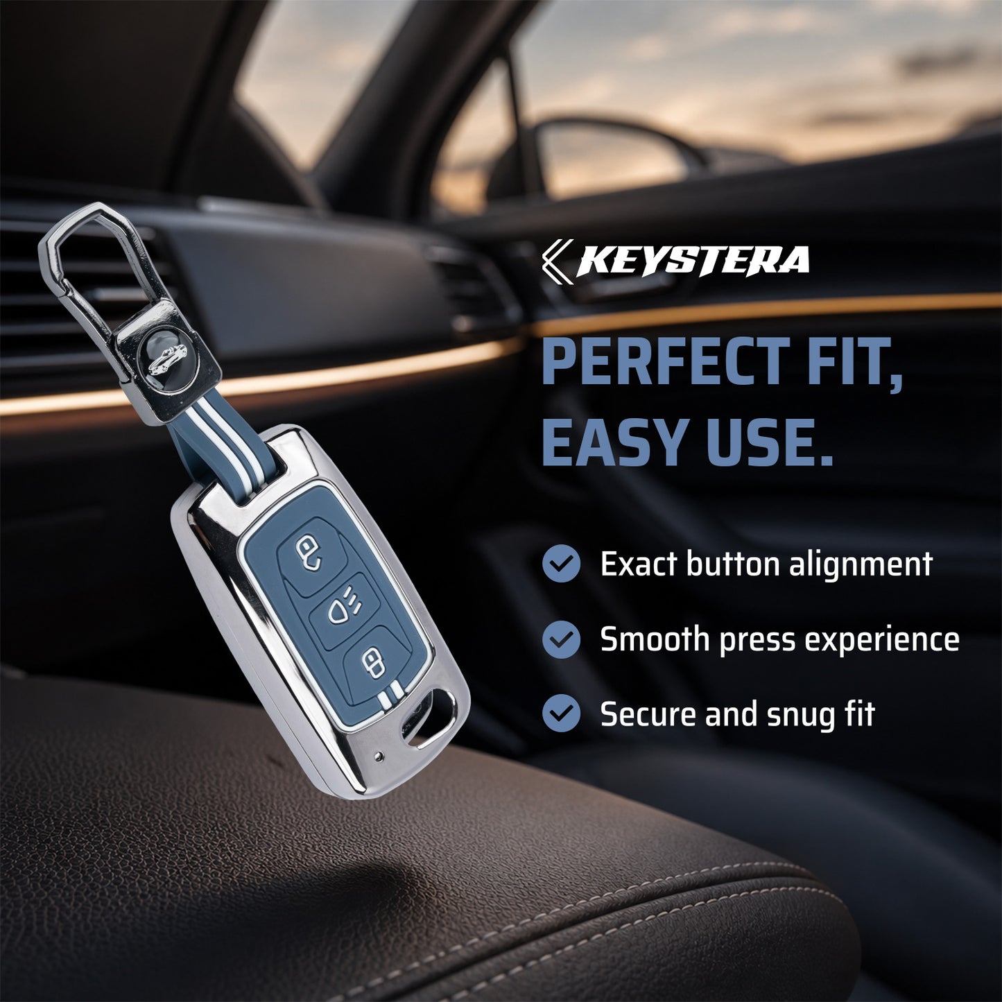 Metal Key Cover With Key Chain Compatible with Tata: Nexon, Harrier, Safari, Altroz, Punch, Tiago, Tigor, Zest, Bolt, Hexa (3 button Flip Key)