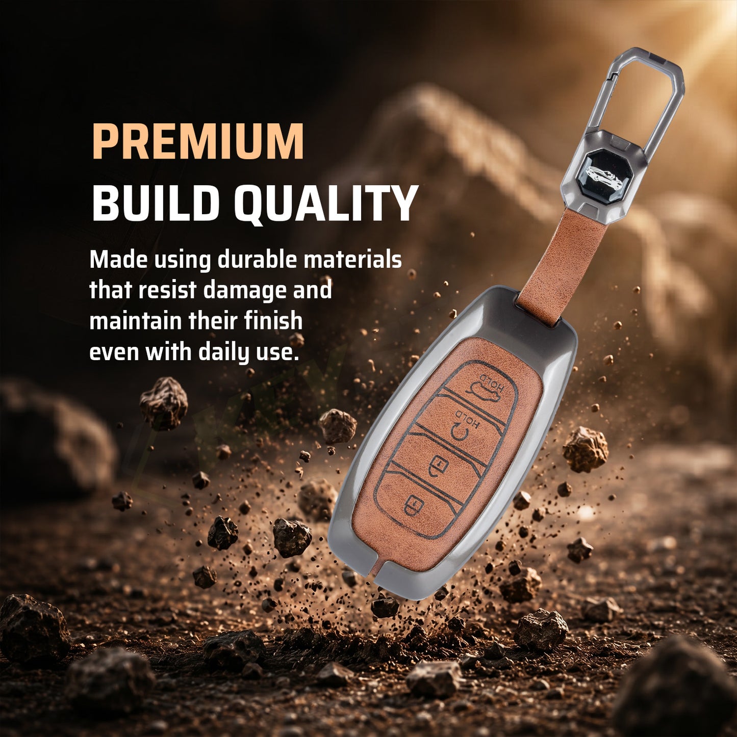 Metal Leather Brown Key Cover Compatible For Hyundai: i20, Verna 2023 onwards (4 button smart key)
