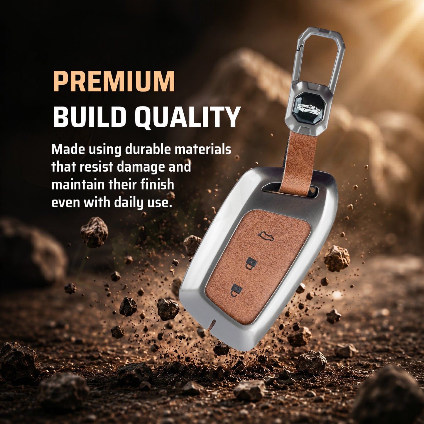 Metal Leather Brown Car Key Cover Compatible For MG Hector | MG Windsor | MG Astor | MG Gloster 3 Button smart key)