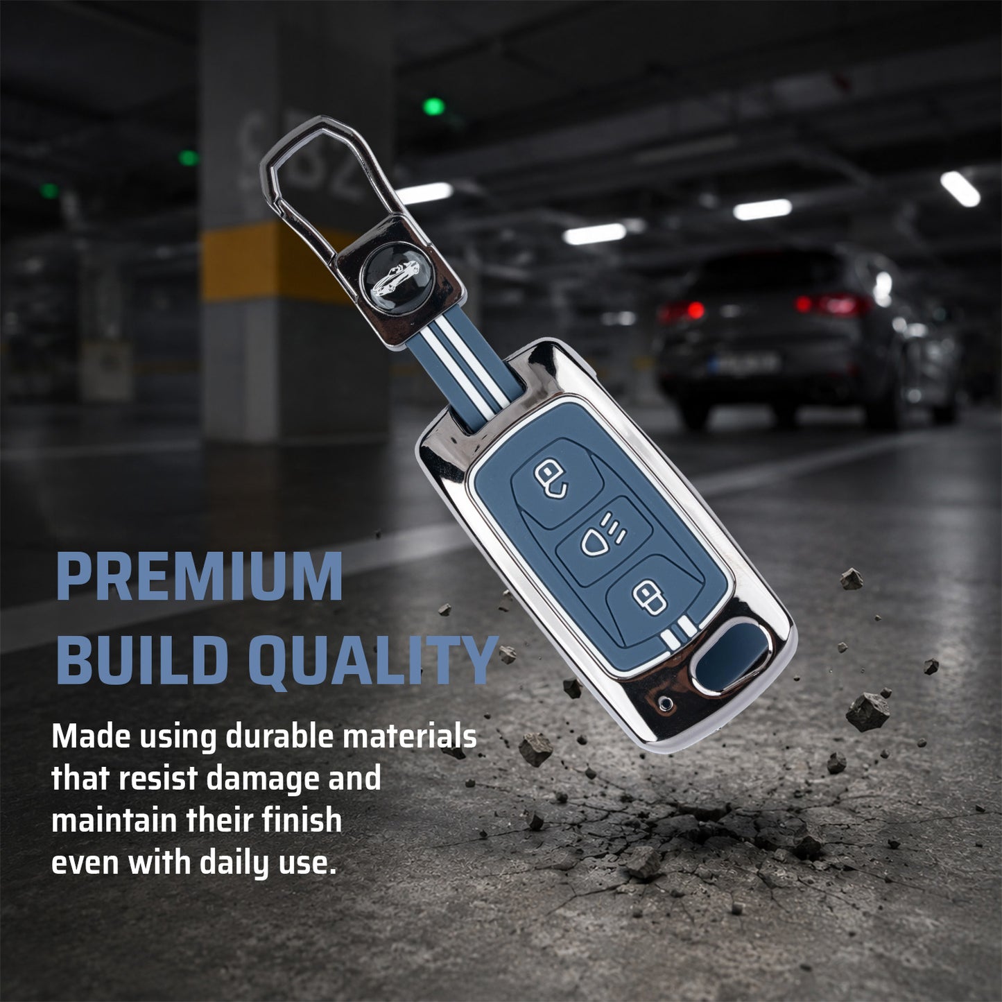 Metal Key Cover With Key Chain Compatible with Tata: Nexon, Harrier, Safari, Altroz, Punch, Tiago, Tigor, Zest, Bolt, Hexa (3 button Flip Key)