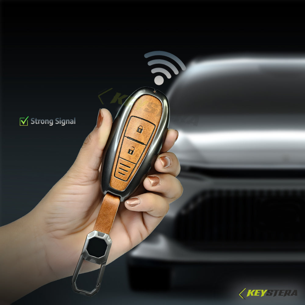 Metal Leather Brown Car Key Cover for Suzuki: Baleno, Ciaz, Ignis, S-Cross, Grand Vitara, Brezza (2 Button Smart Key)