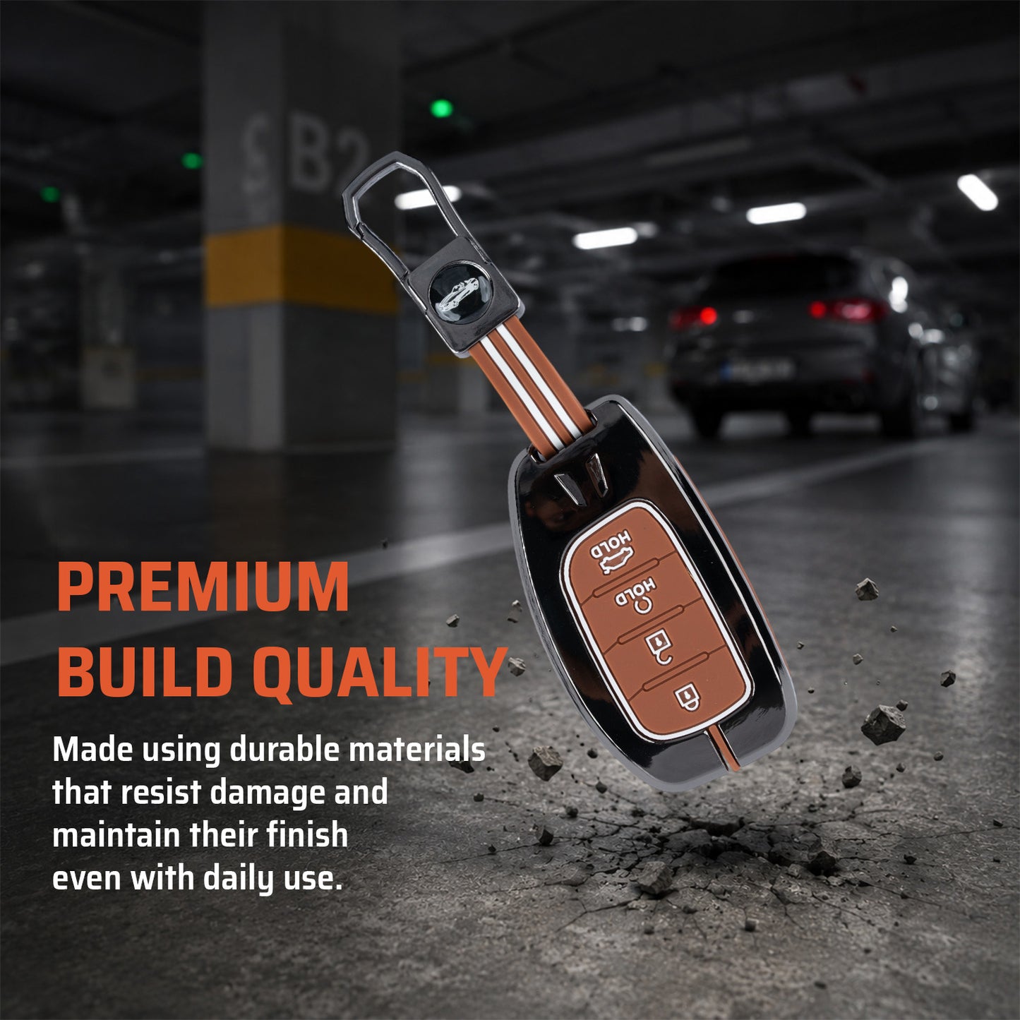 Metal Sapphire Key Cover With Key Chain Compatible with Hyundai: Alcazar, Creta 2021 onwards (4 button smart key)