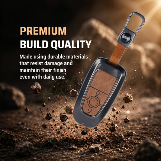 Metal Leather Key Cover Compatible for Ford Ecosport | Endeavour | Freestyle | Aspire | Figo (2 button Smart Key)