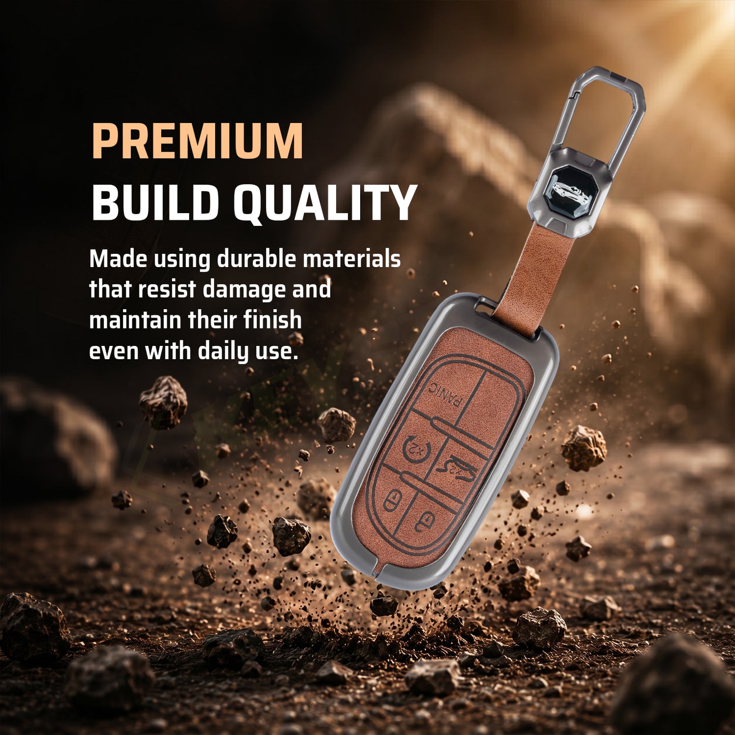 Metal Leather Brown Car Key Cover Compatible For Jeep Compass Smart Key