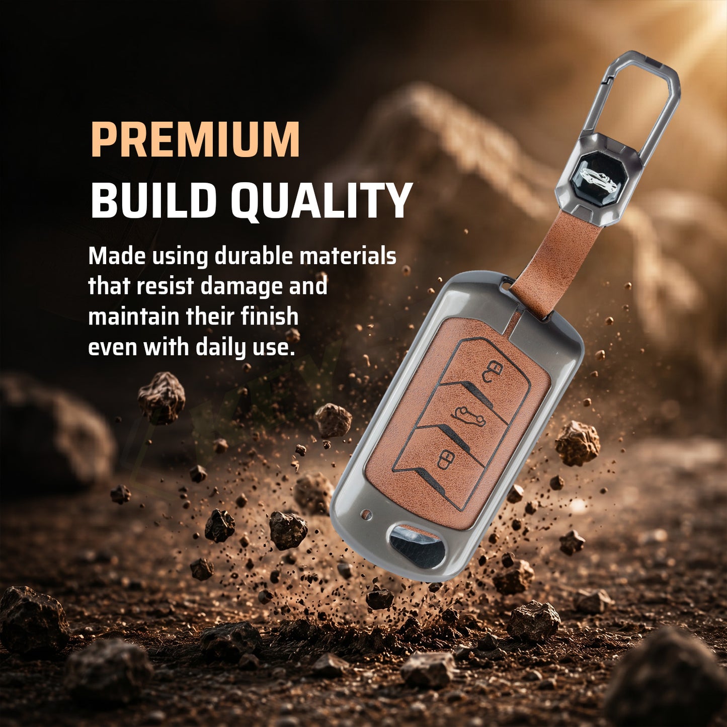 Metal Leather Brown Car Key Cover Compatible For Mahindra: Thar, Bolero, Scorpio, Scorpio-N, XUV700, XUV400, XUV3x0, XUV300, TUV300, Marazzo (3 button flip key)