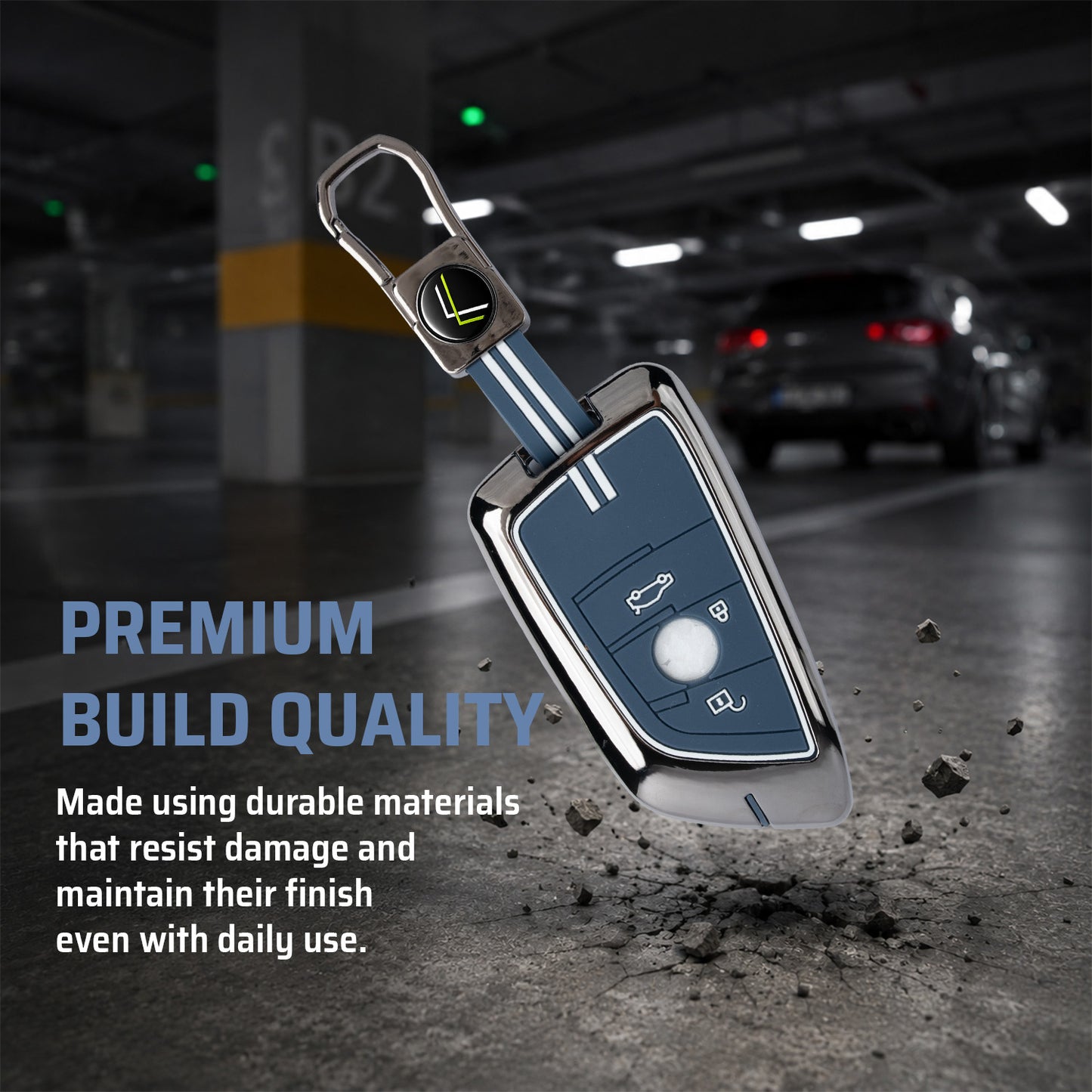 Metal Key Cover With Key Chain Compatible With BMW GT-Series | X-Series | M-Series | 3-Series | 5-Series | 7-Series 3 Button Smart Key