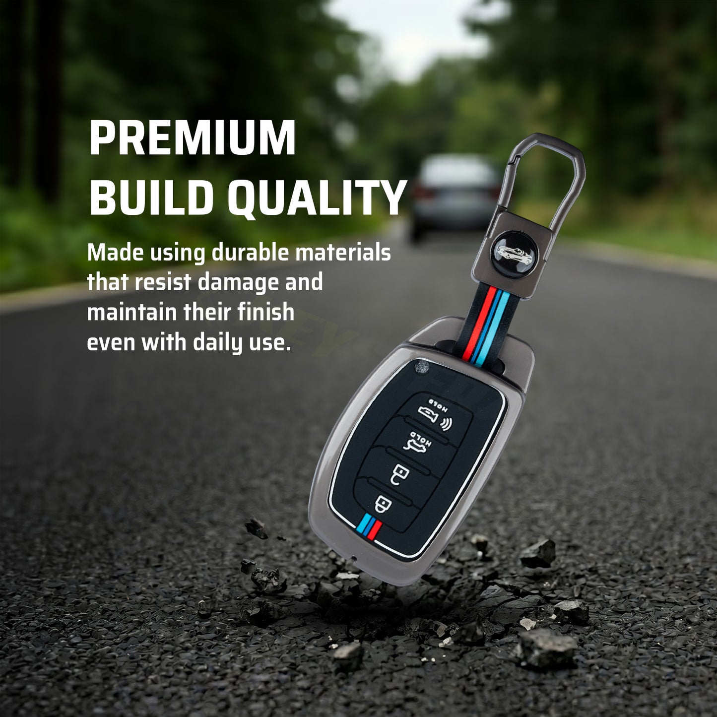 Metal Silicone Key Cover Compatible for Hyundai: i20, Creta, Venue, Tucson, Alcazar, Grand i10, Verna, Xcent, Aura, Elantra (4 button Smart Key)