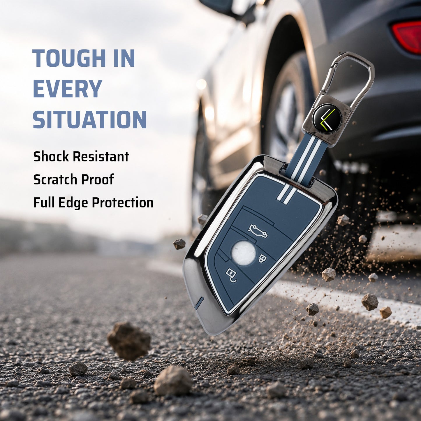 Metal Key Cover With Key Chain Compatible With BMW GT-Series | X-Series | M-Series | 3-Series | 5-Series | 7-Series 3 Button Smart Key