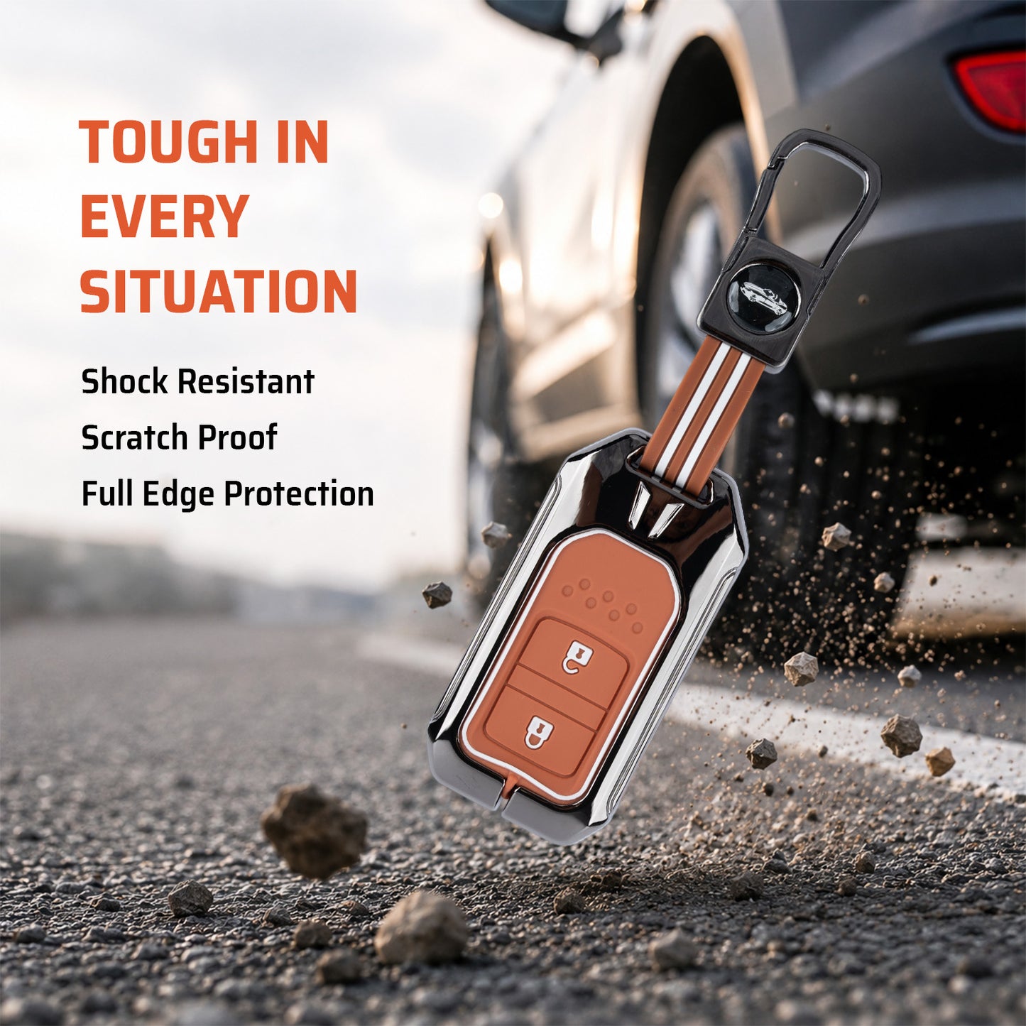 Metal Sapphire Key Cover With Key Chain Compatible with Honda: Elevate, City, Jazz, Amaze, Accord, BR-V, CR-V, WR-V, Civic (2 button smart key)