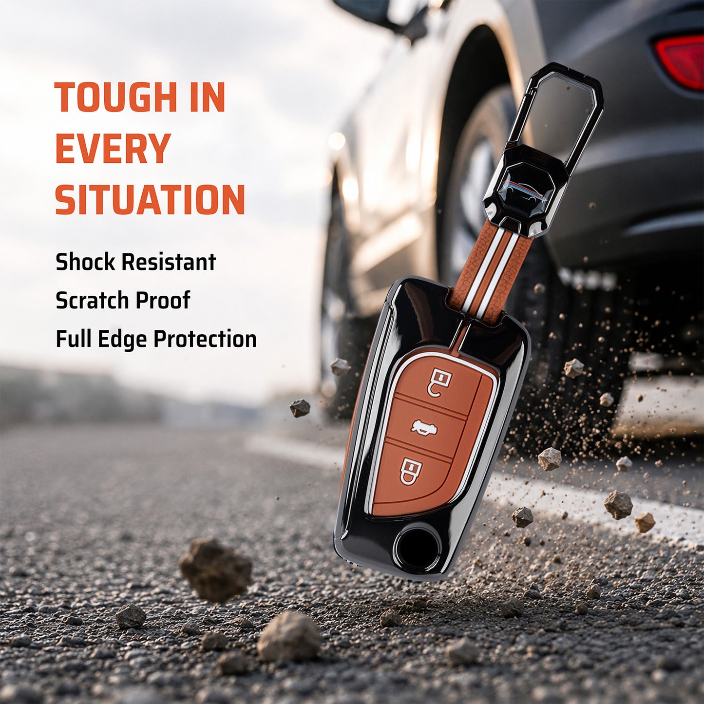 Metal Sapphire Key Cover With Key Chain Compatible with Toyota: Innova Crysta, Corolla Altis. (3 button flip key)