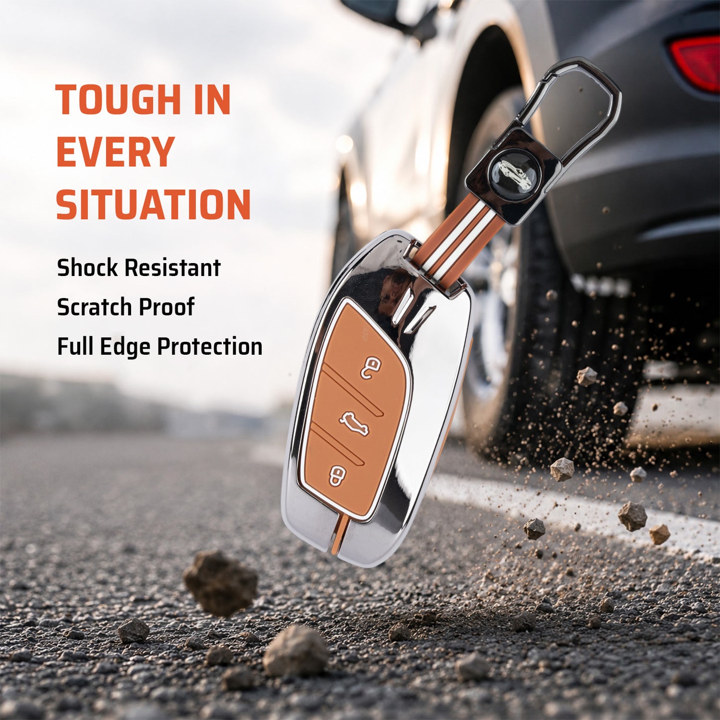 Metal Sapphire Key Cover With Key Chain Compatible with MG Astor, MG ZS EV (3 Button smart key)