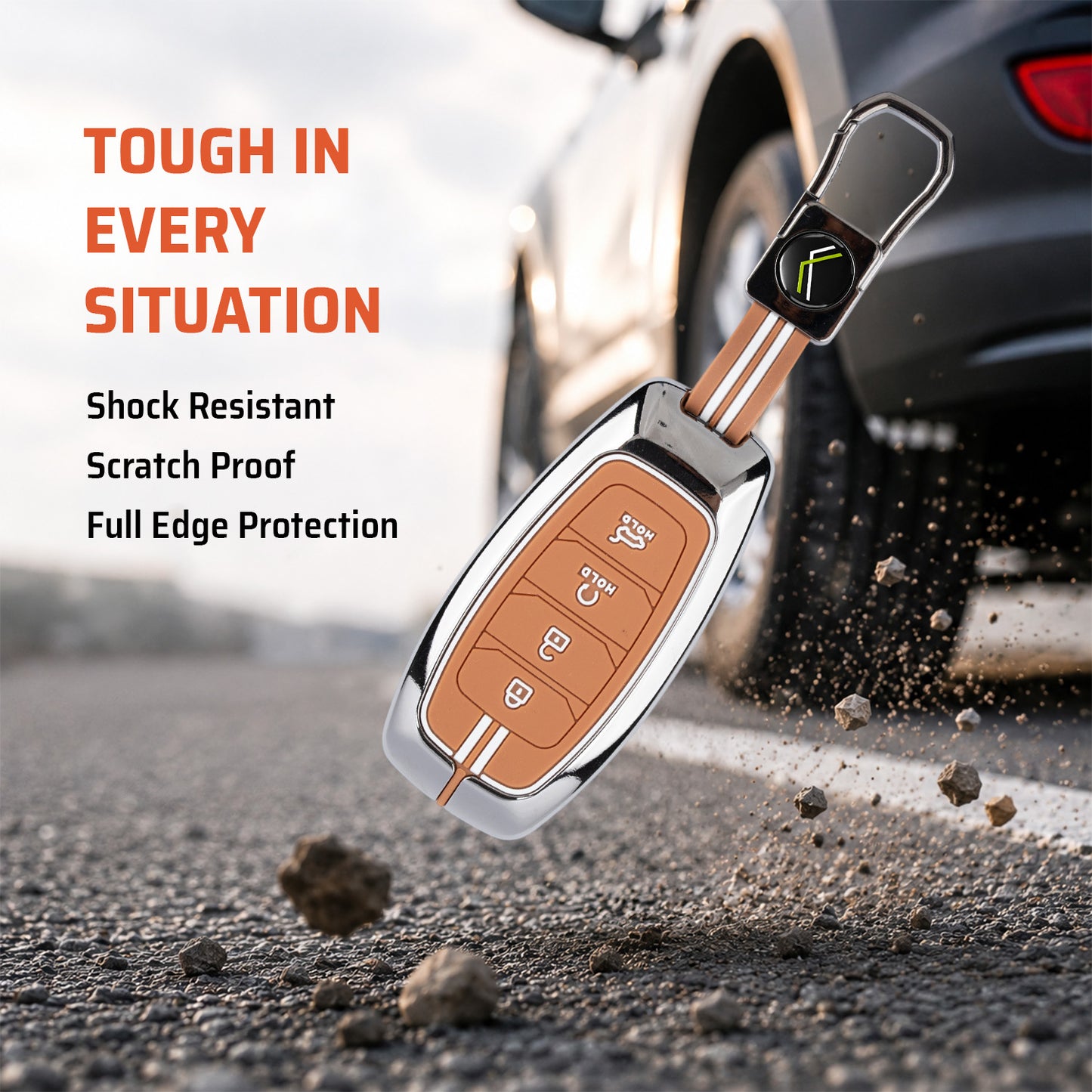 Metal Sapphire Key Cover With Key Chain Compatible with Hyundai: i20, Verna 2023 onwards (4 button smart key)