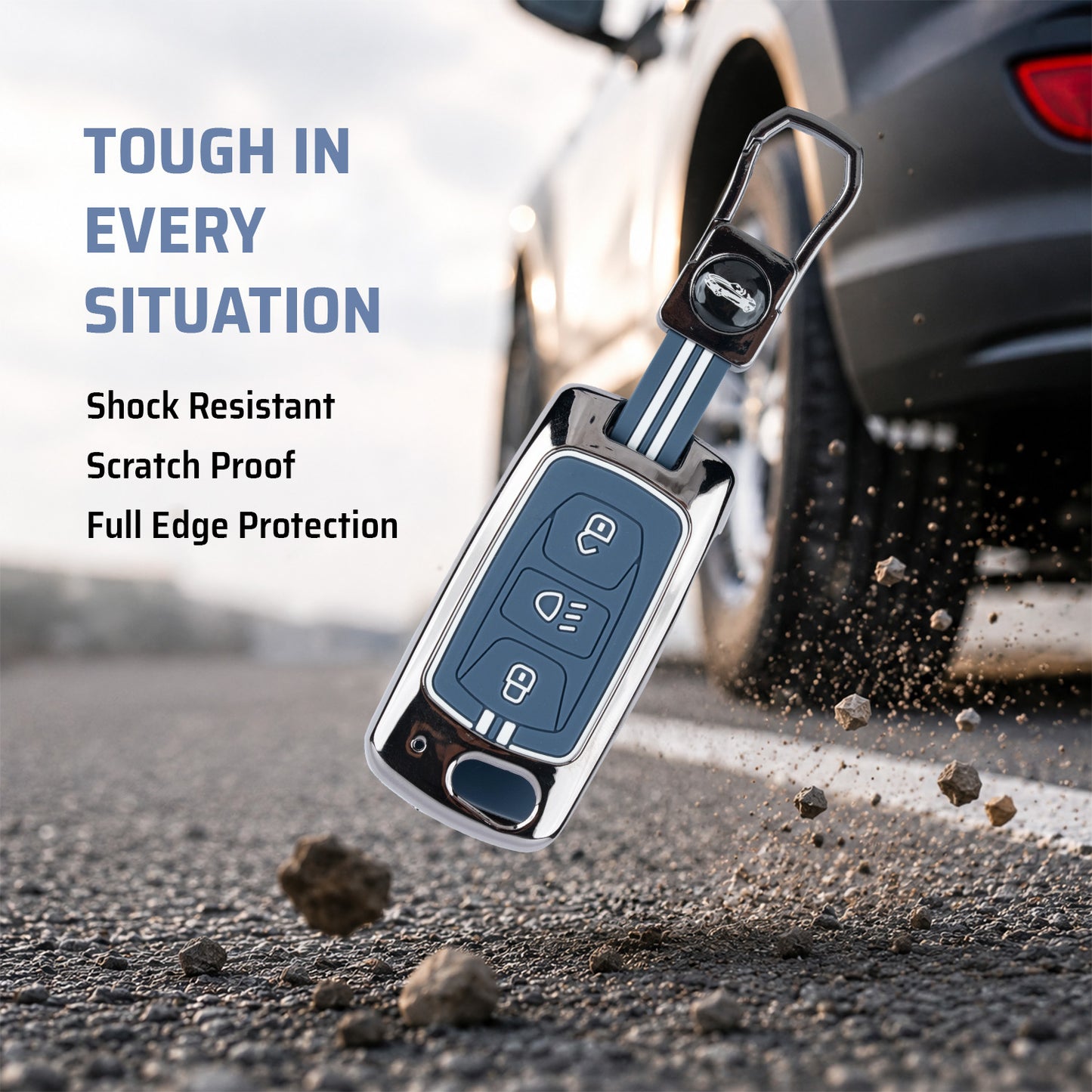 Metal Key Cover With Key Chain Compatible with Tata: Nexon, Harrier, Safari, Altroz, Punch, Tiago, Tigor, Zest, Bolt, Hexa (3 button Flip Key)