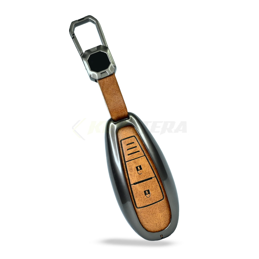 Metal Leather Brown Car Key Cover for Suzuki: Baleno, Ciaz, Ignis, S-Cross, Grand Vitara, Brezza (2 Button Smart Key)