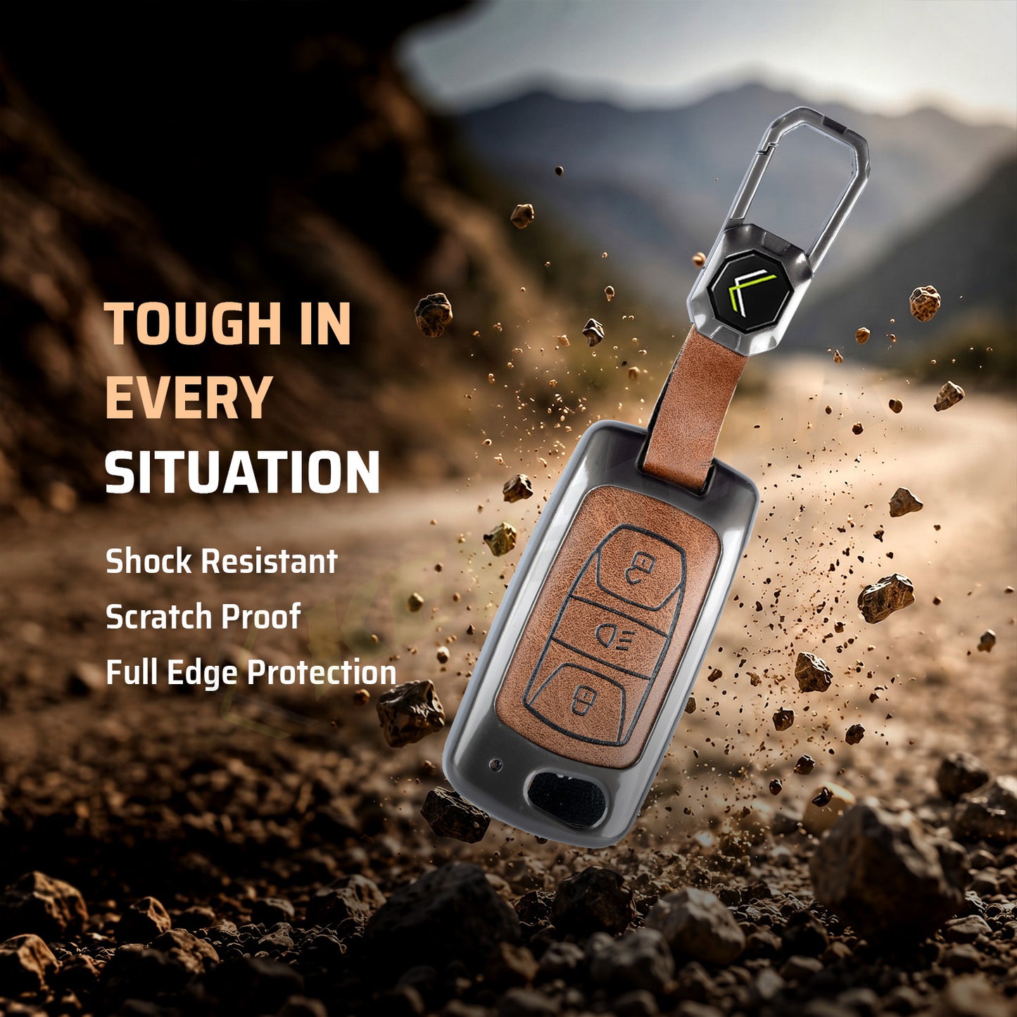 Metal Leather Brown car Key Cover Compatible For Tata: Nexon, Harrier, Safari, Altroz, Punch, Tiago, Tigor, Zest, Bolt, Hexa (3 button Flip Key)