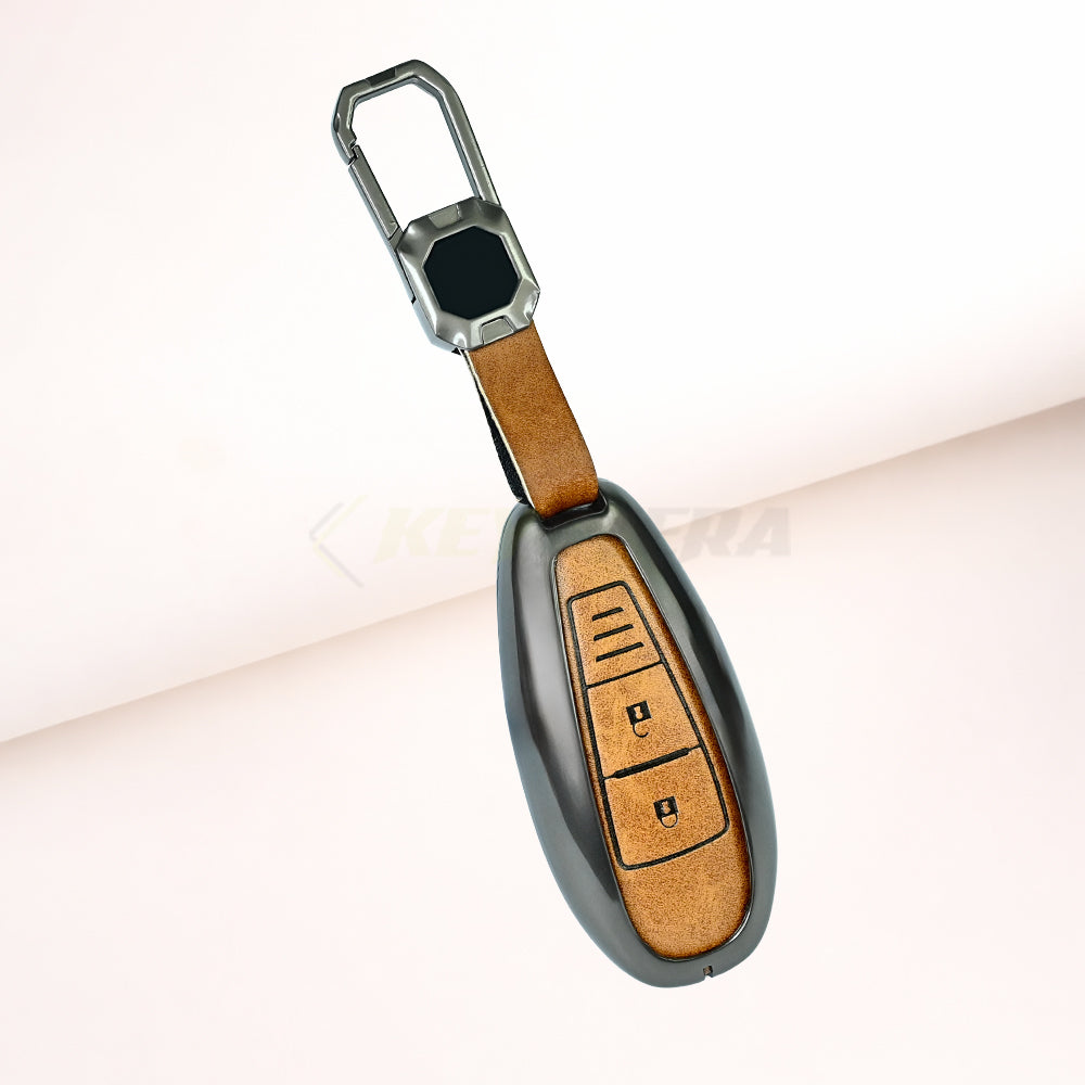 Metal Leather Brown Car Key Cover for Suzuki: Baleno, Ciaz, Ignis, S-Cross, Grand Vitara, Brezza (2 Button Smart Key)