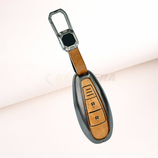 Metal Leather Brown Car Key Cover for Suzuki: Baleno, Ciaz, Ignis, S-Cross, Grand Vitara, Brezza (2 Button Smart Key)