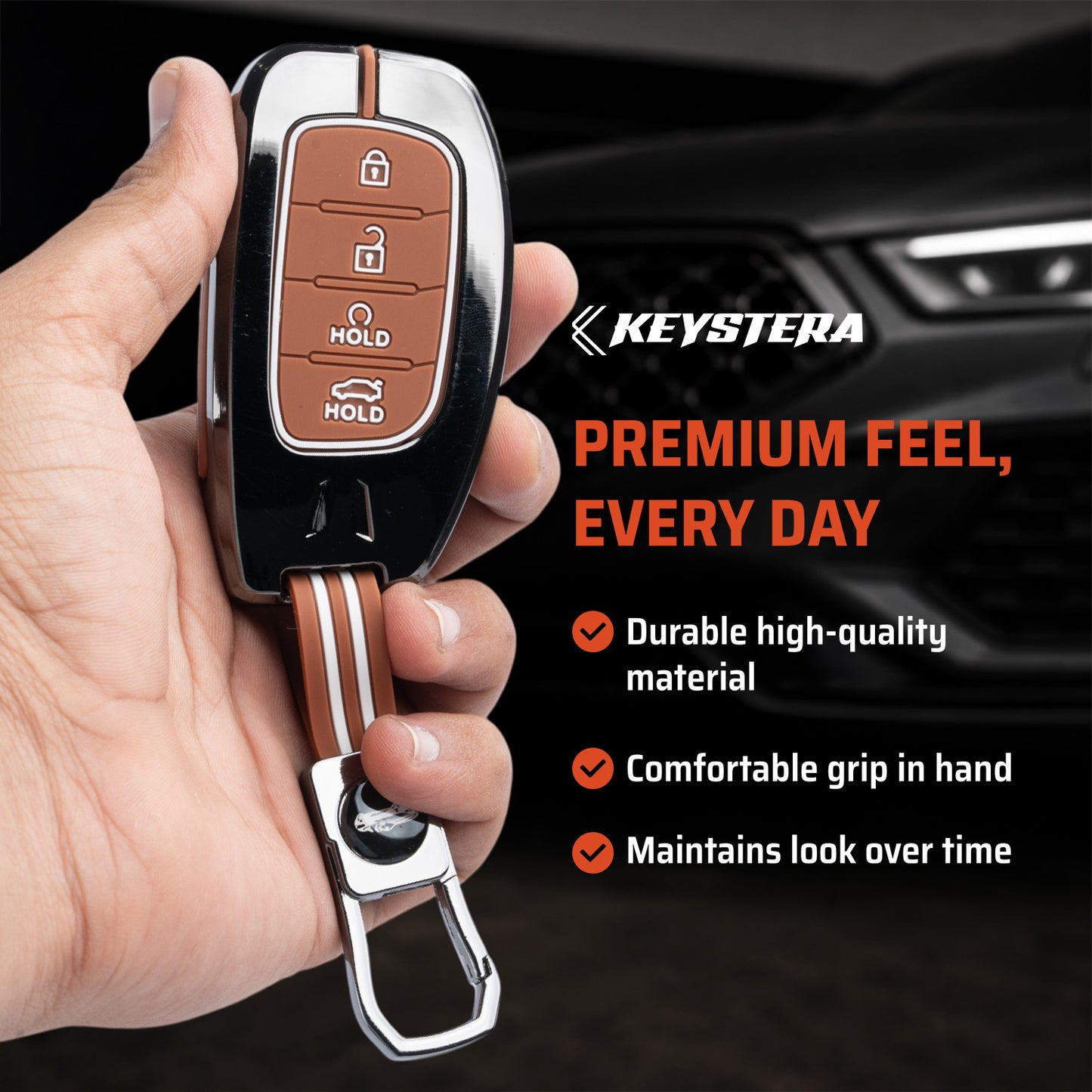 Metal Sapphire Key Cover With Key Chain Compatible with Hyundai: Alcazar, Creta 2021 onwards (4 button smart key)