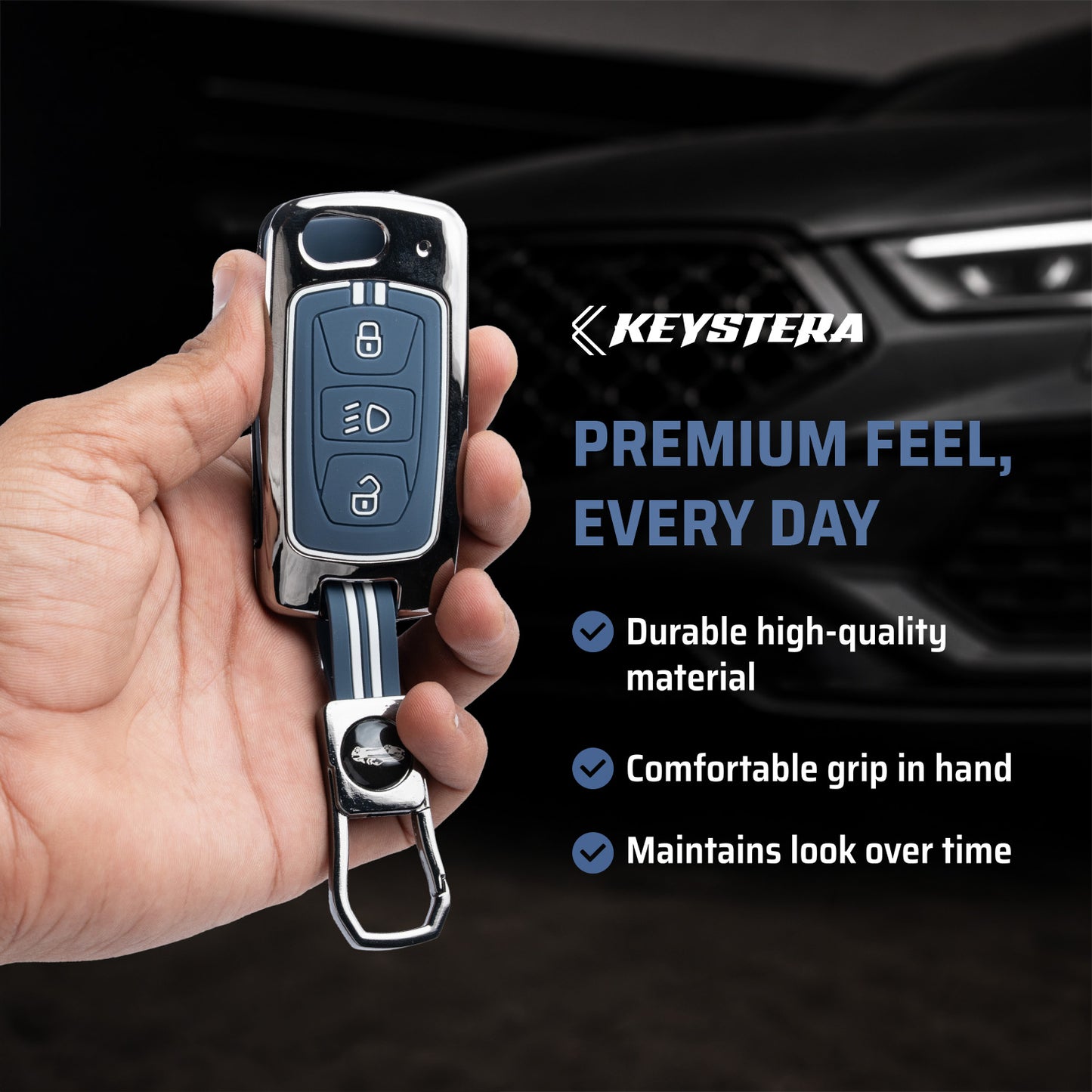 Metal Key Cover With Key Chain Compatible with Tata: Nexon, Harrier, Safari, Altroz, Punch, Tiago, Tigor, Zest, Bolt, Hexa (3 button Flip Key)