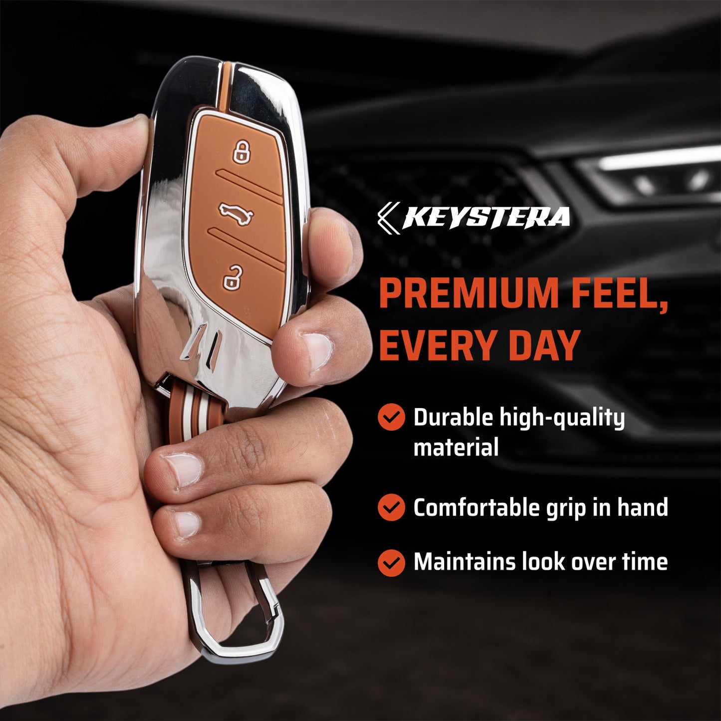 Metal Sapphire Key Cover With Key Chain Compatible with MG Astor, MG ZS EV (3 Button smart key)