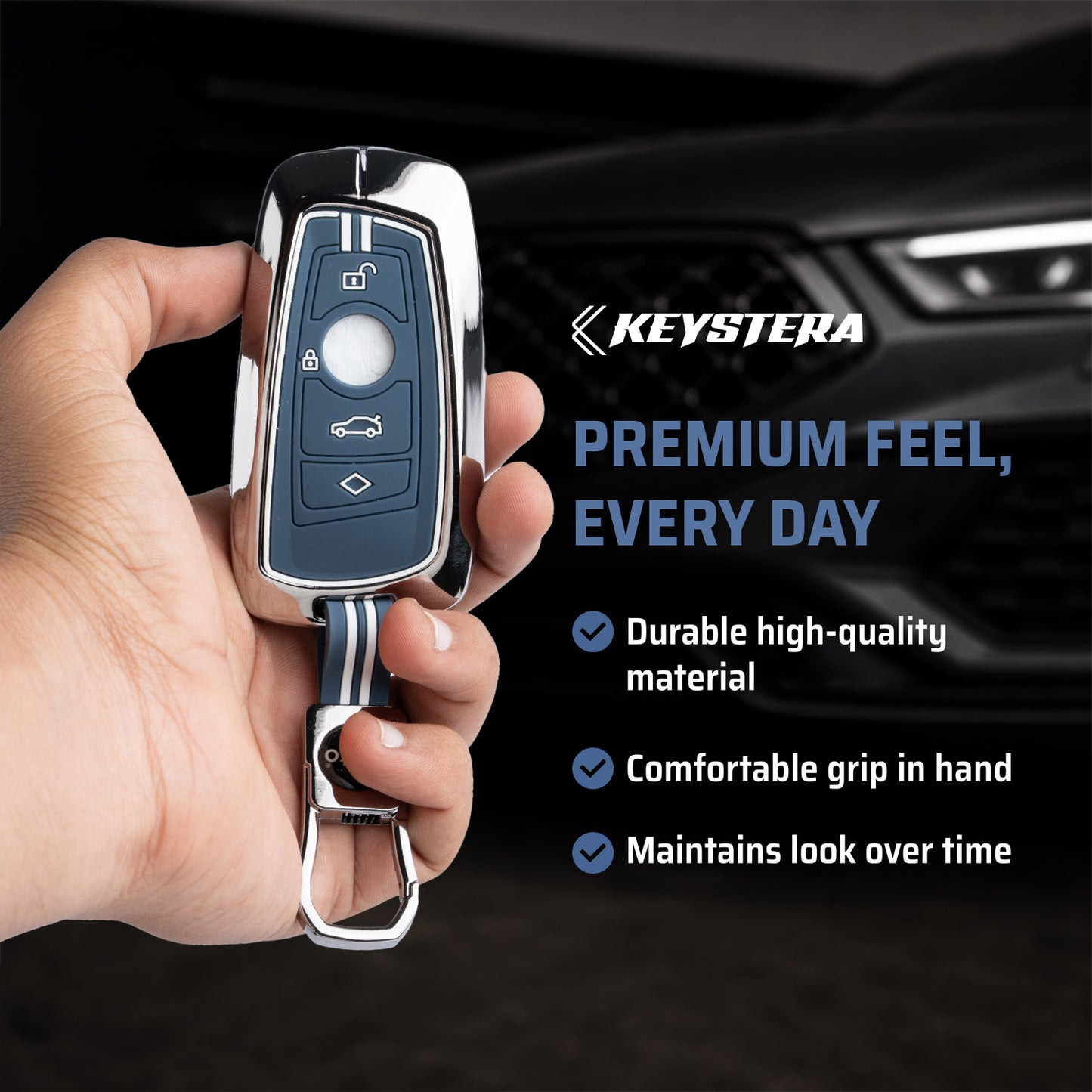Metal Key Cover With Key Chain Compatible with BMW X-Series | M-Series | 3-Series | 5-Series | 7-Series 4 Button Smart Key