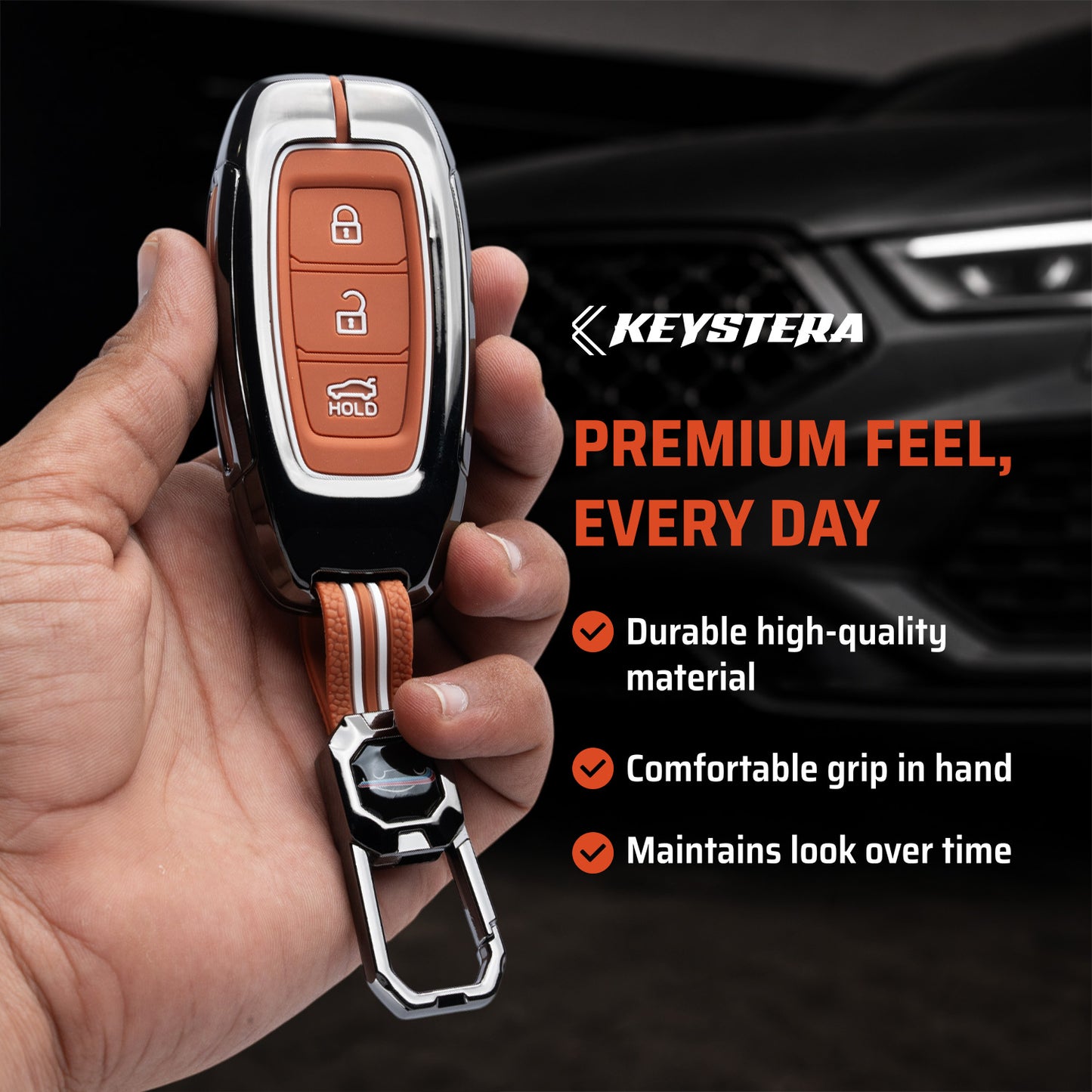 Metal Sapphire Key Cover With Key Chain Compatible with Hyundai : i20, Kona, Verna 2018 onwards (3 button smart key)