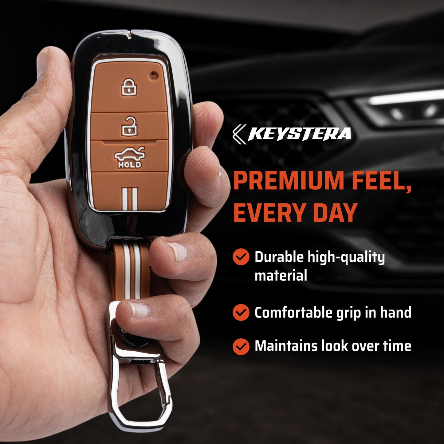 Metal Sapphire Key Cover With Key Chain Compatible with Kia Seltos, Kia Sonet,Kia Carens,Kia Carnival (3 Button Smart Key)