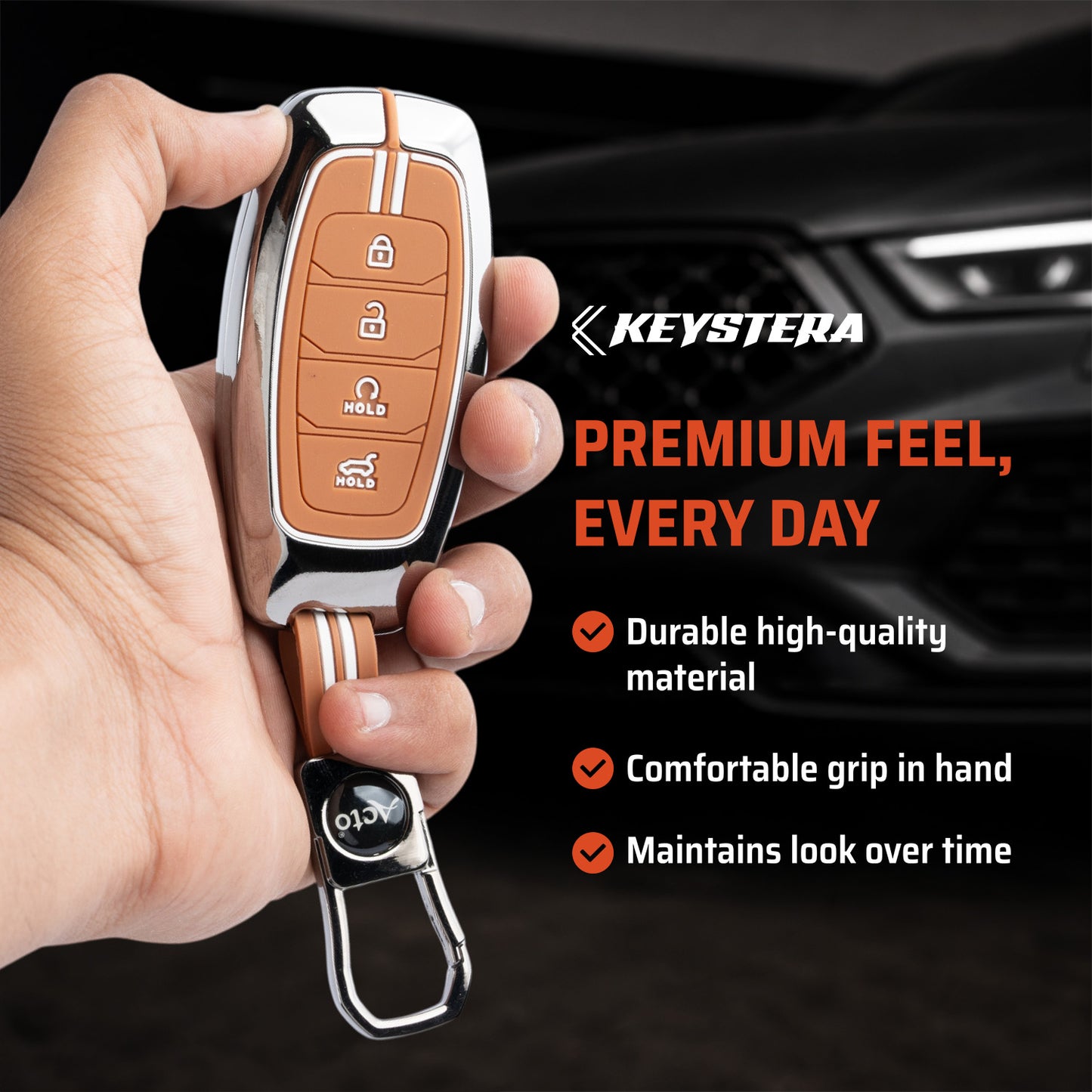 Metal Sapphire Key Cover With Key Chain Compatible with Hyundai: i20, Verna 2023 onwards (4 button smart key)