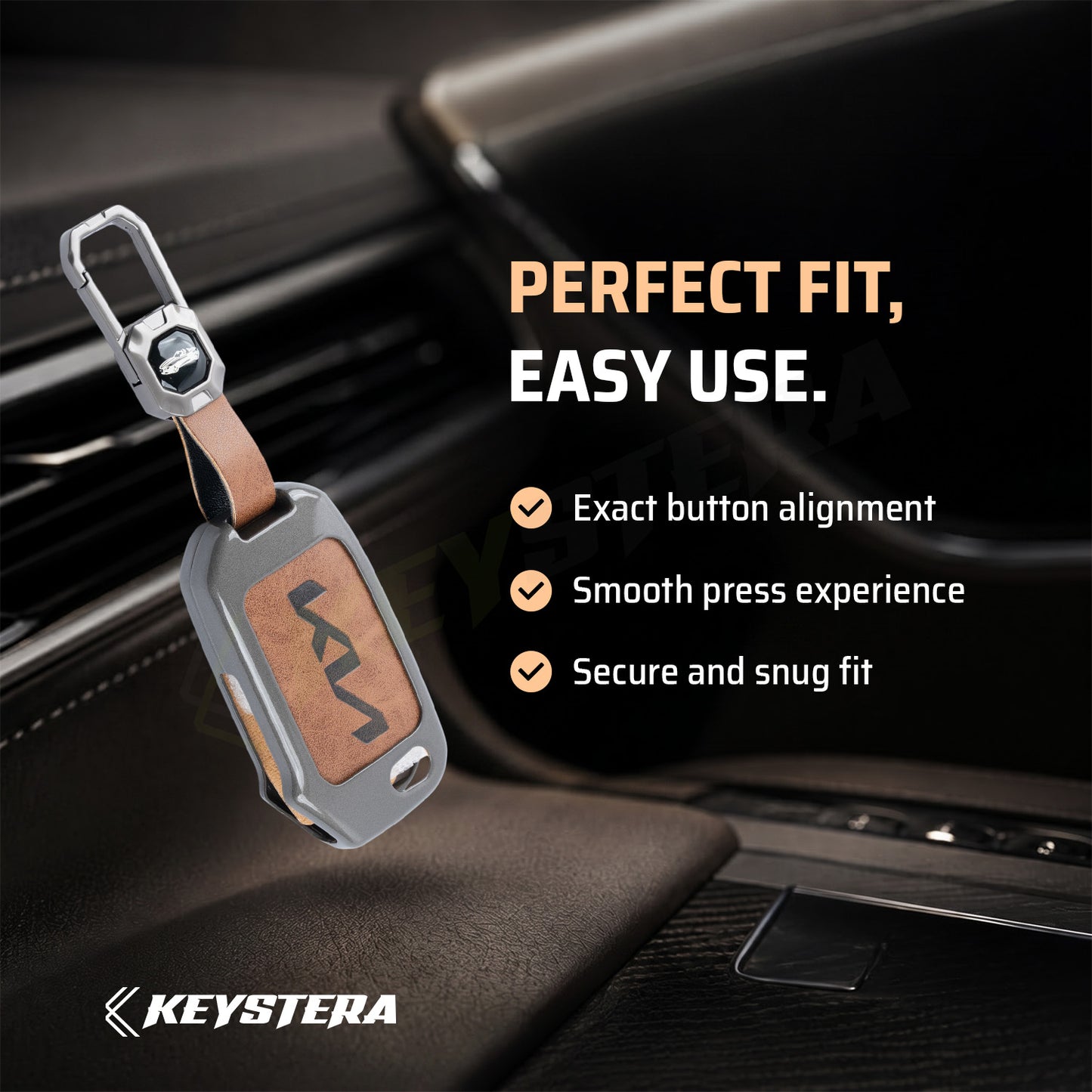 Metal Leather Brown Car Key Cover Compatible For kia : Seltos, Sonet, Carens, Carens Clavis  (3 Button Flip Key)