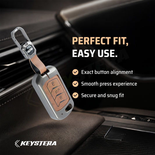 Metal Leather Brown Car Key Cover Compatible For Mahindra: Thar, Bolero, Scorpio, Scorpio-N, XUV700, XUV400, XUV3x0, XUV300, TUV300, Marazzo (3 button flip key)