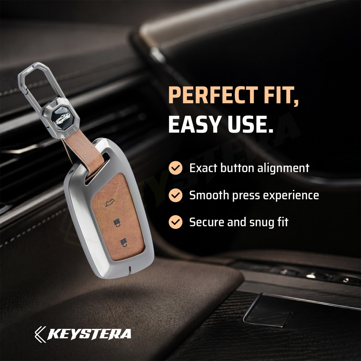 Metal Leather Brown Car Key Cover Compatible For MG Hector | MG Windsor | MG Astor | MG Gloster 3 Button smart key)
