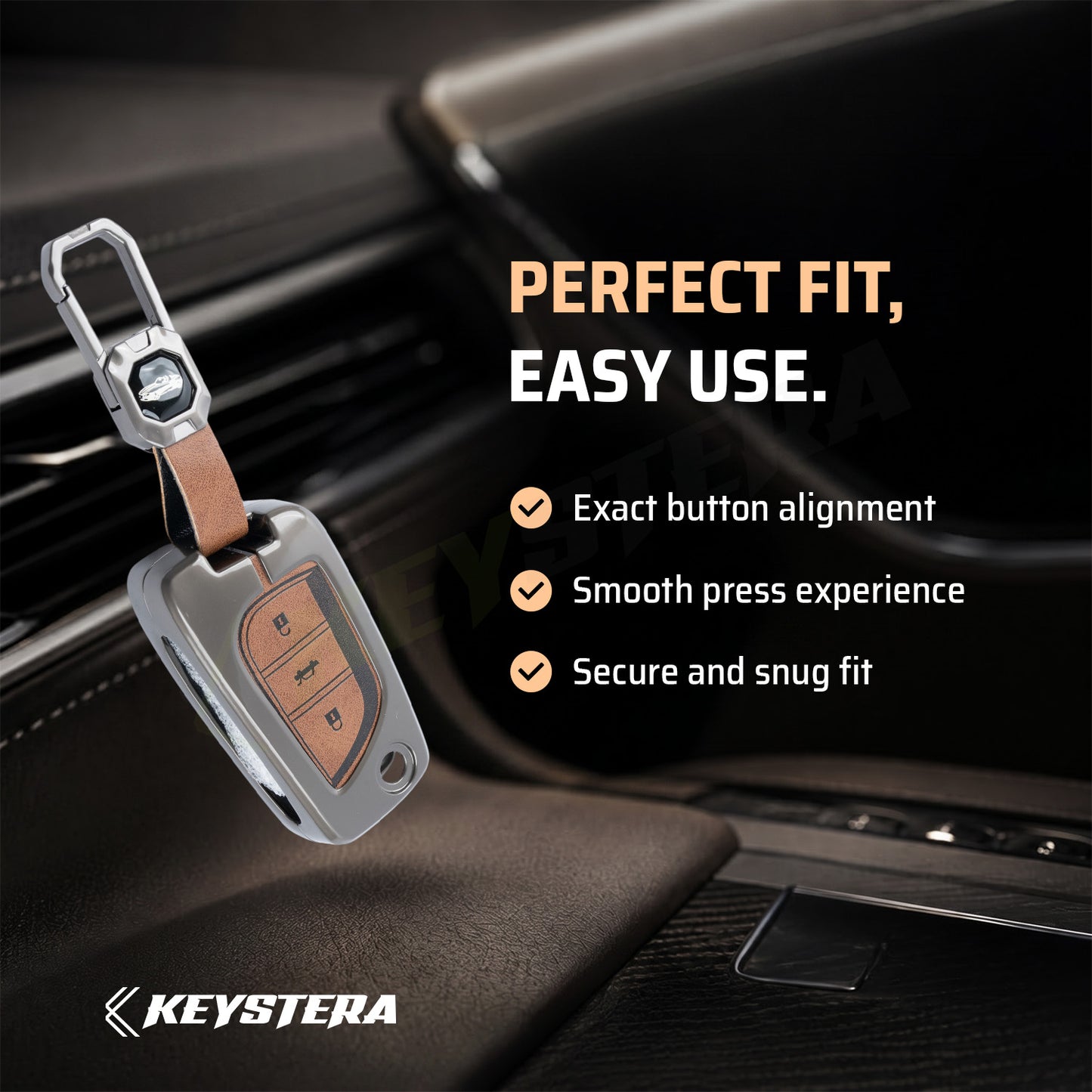 Metal Leather Brown Car Key Cover Compatible For Toyota: Innova Crysta, Corolla Altis. (3 button flip key)