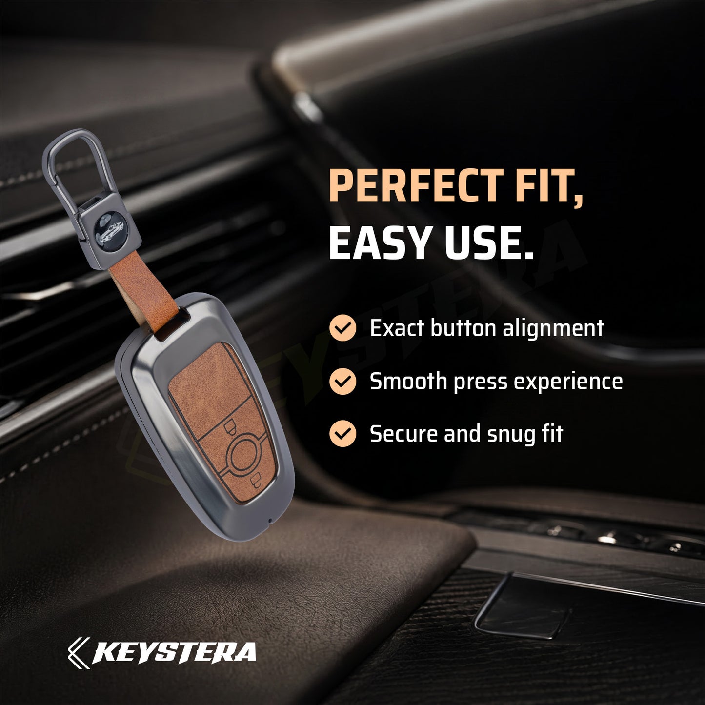Metal Leather Key Cover Compatible for Ford Ecosport | Endeavour | Freestyle | Aspire | Figo (2 button Smart Key)