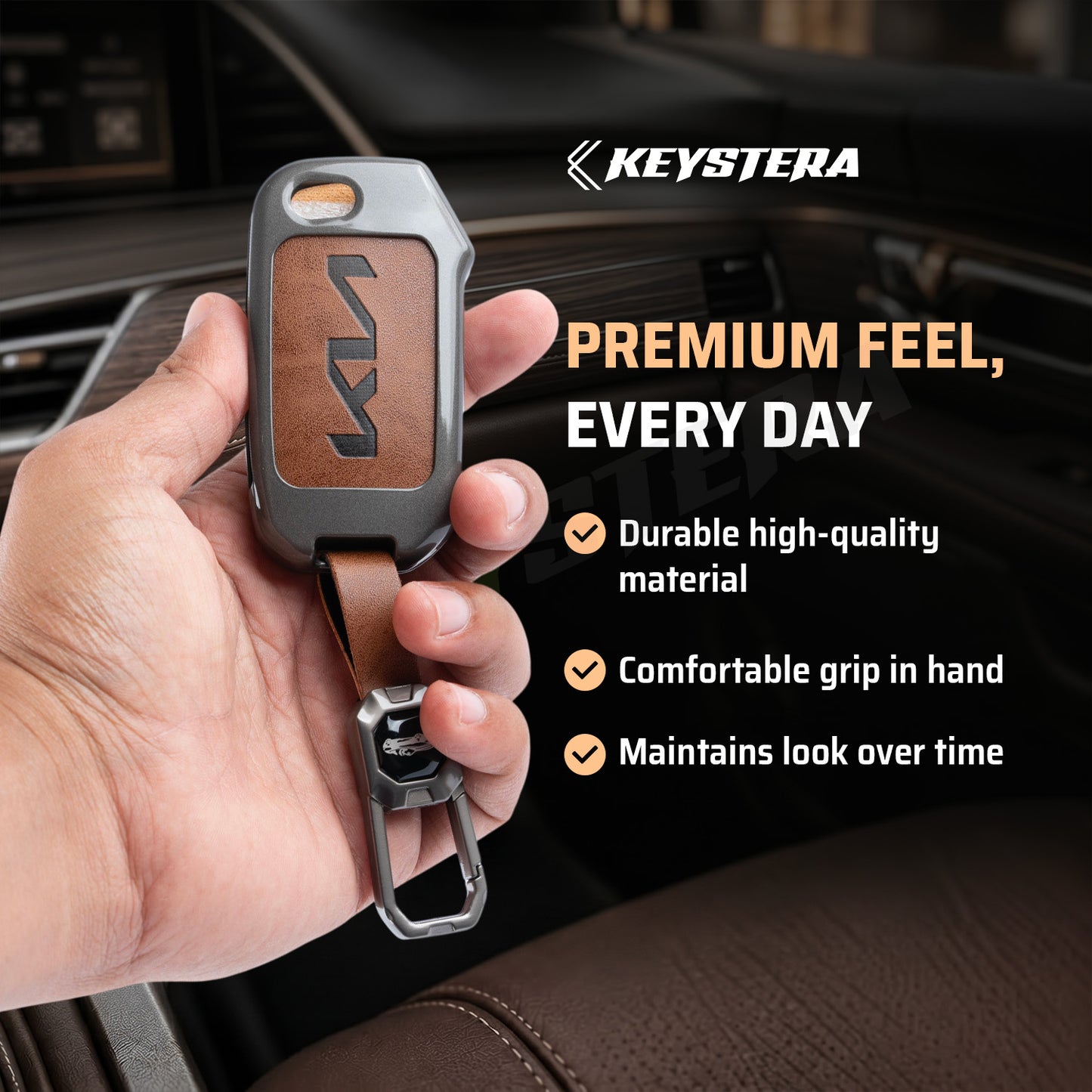 Metal Leather Brown Car Key Cover Compatible For kia : Seltos, Sonet, Carens, Carens Clavis  (3 Button Flip Key)
