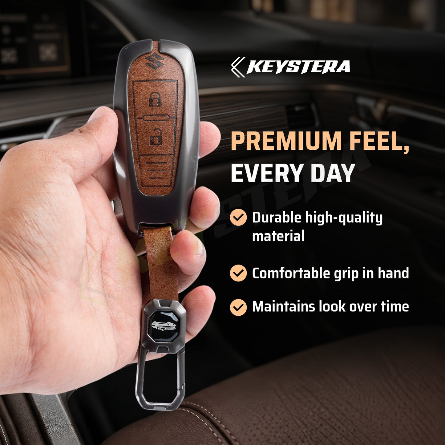 Metal Leather Brown Car Key Cover Compatible For  Suzuki: Baleno, Ciaz, Ignis, S-Cross, Grand Vitara, Brezza & Toyota Urban Cruiser (3 Button smart key)