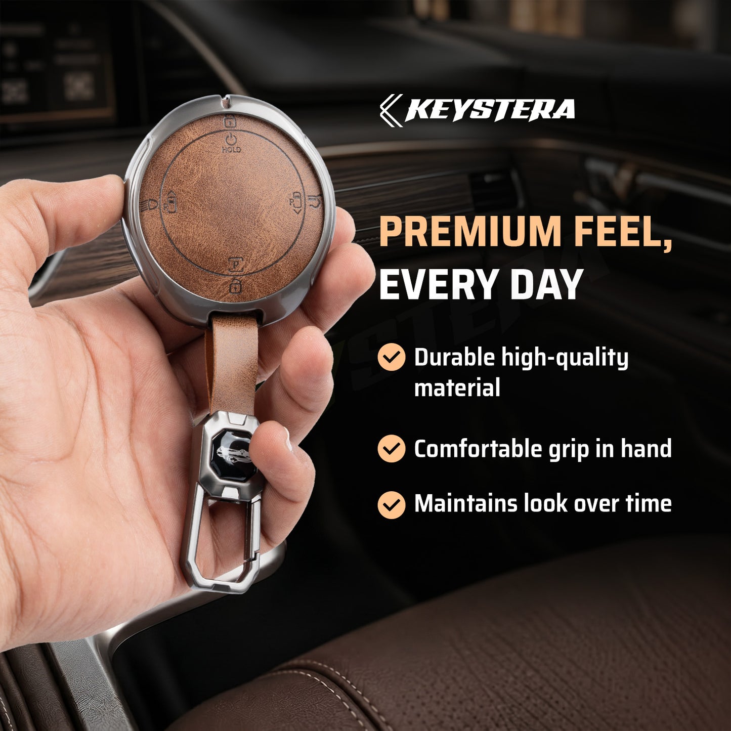 Metal Leather Brown Car Key Cover Compatible For TATA Harrier EV 4 button Smart Key.