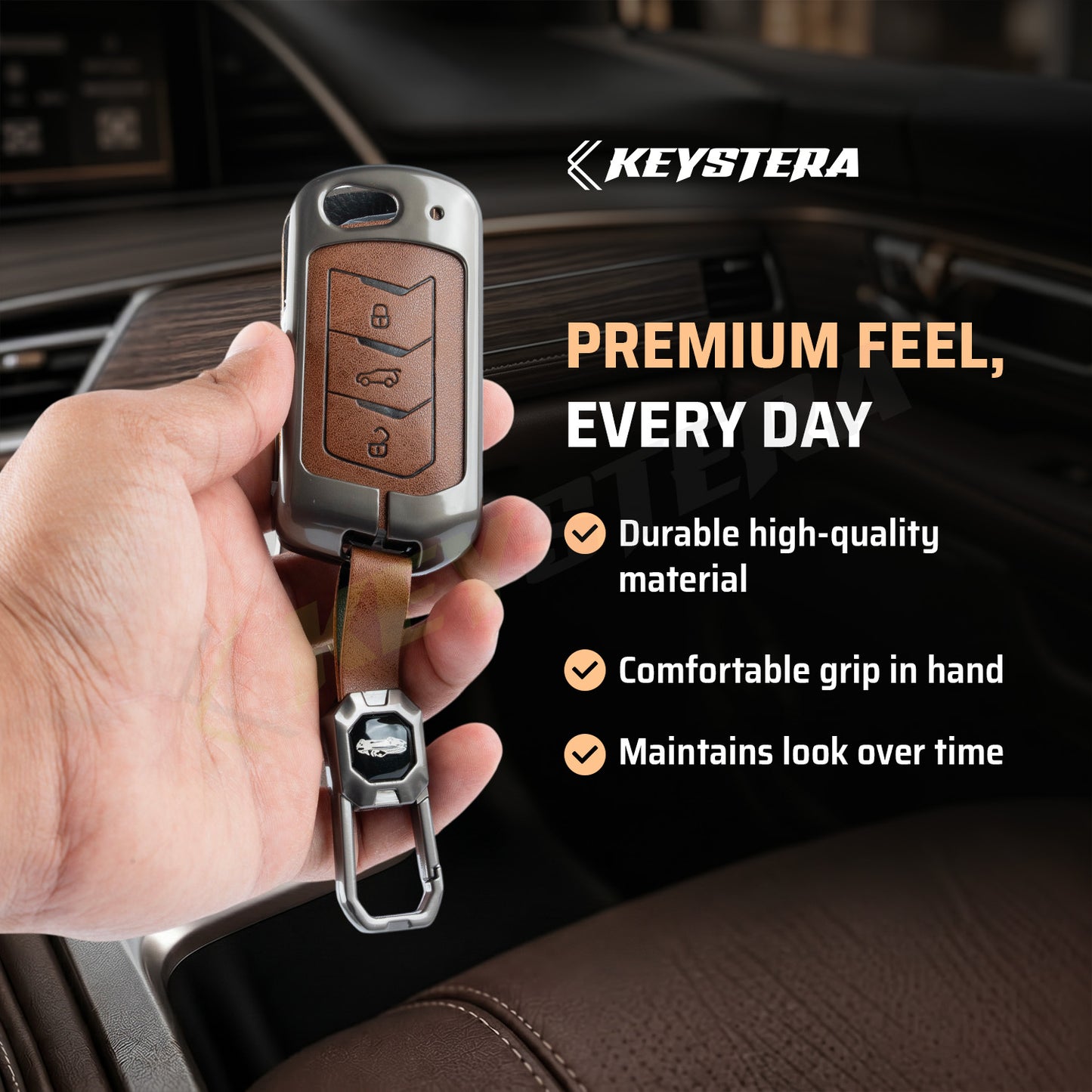 Metal Leather Brown Car Key Cover Compatible For Mahindra: Thar, Bolero, Scorpio, Scorpio-N, XUV700, XUV400, XUV3x0, XUV300, TUV300, Marazzo (3 button flip key)